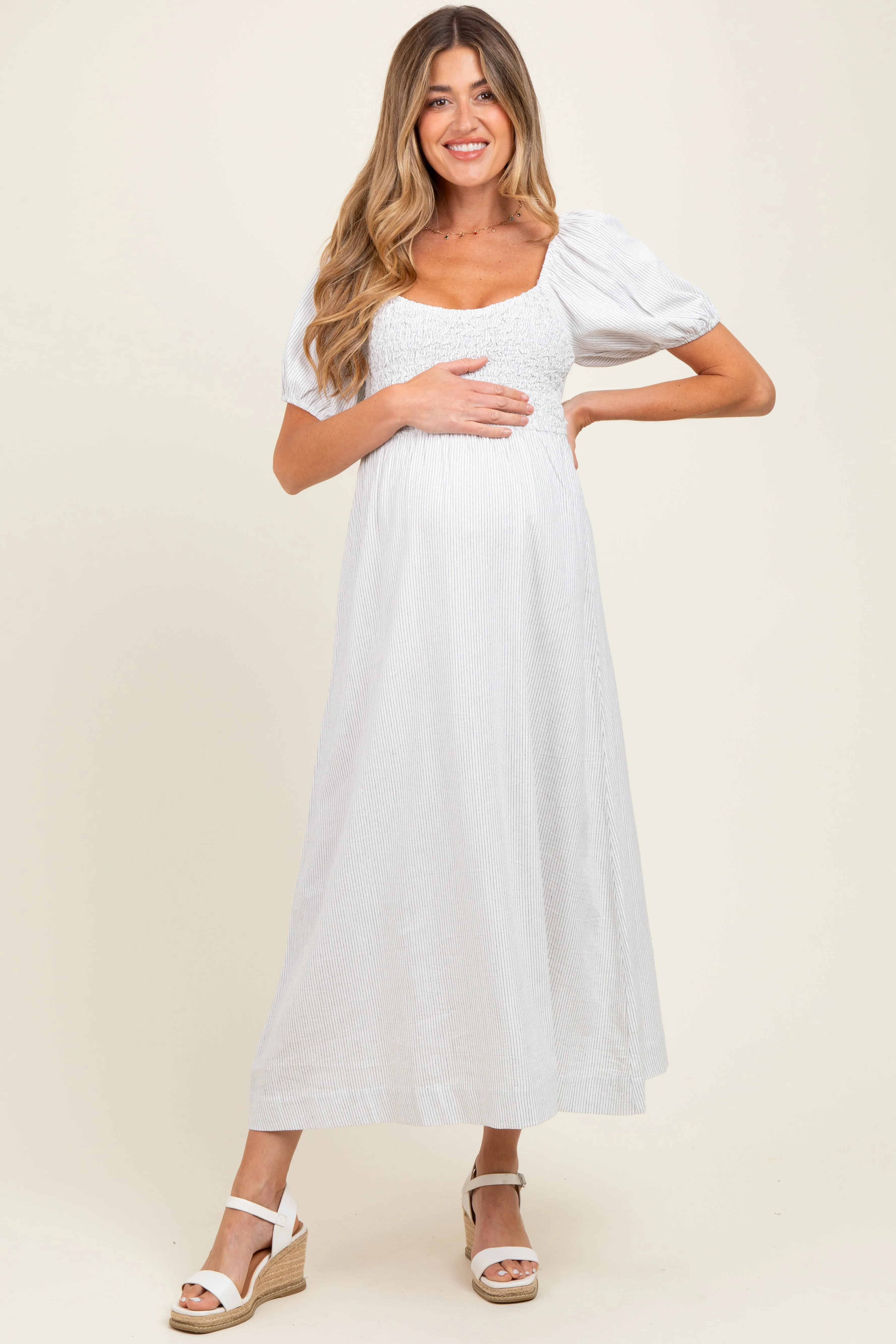 White Popcorn Smocking Bubble Sleeve Maternity Midi Dress sold by Pinkblush