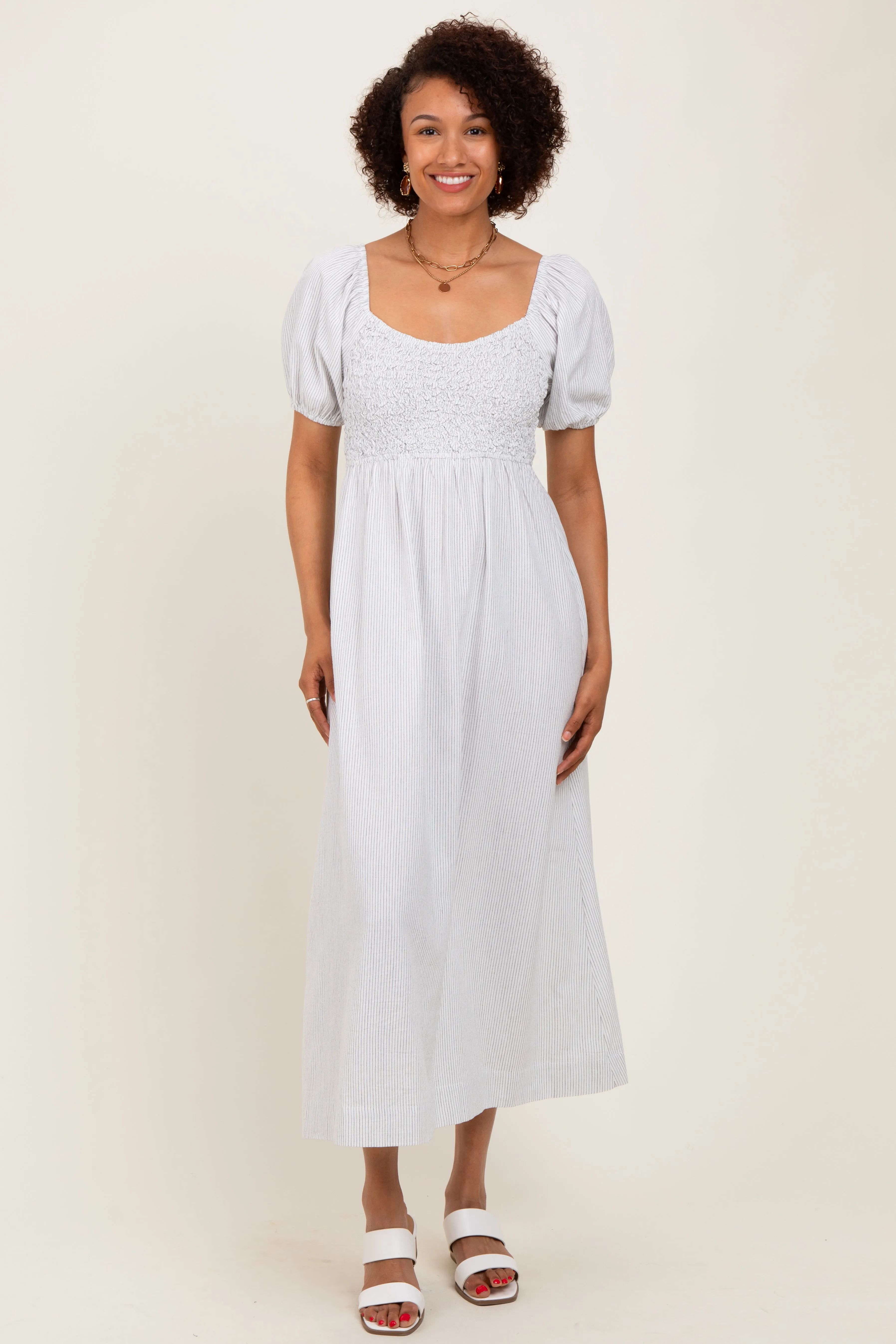 White Popcorn Smocking Bubble Sleeve Maternity Midi Dress sold by Pinkblush product image thumbnail 5