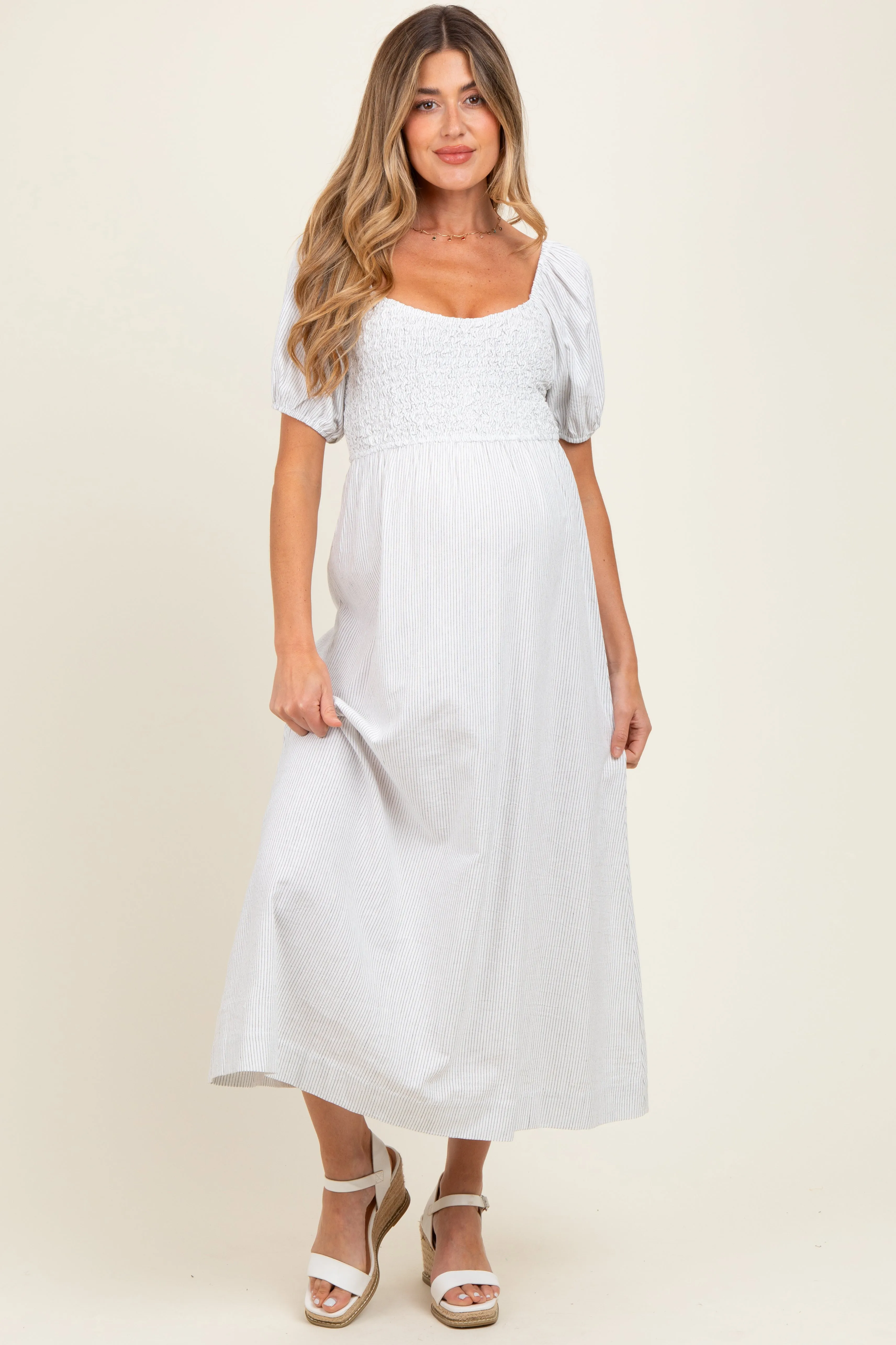 White Popcorn Smocking Bubble Sleeve Maternity Midi Dress sold by Pinkblush product image thumbnail 2