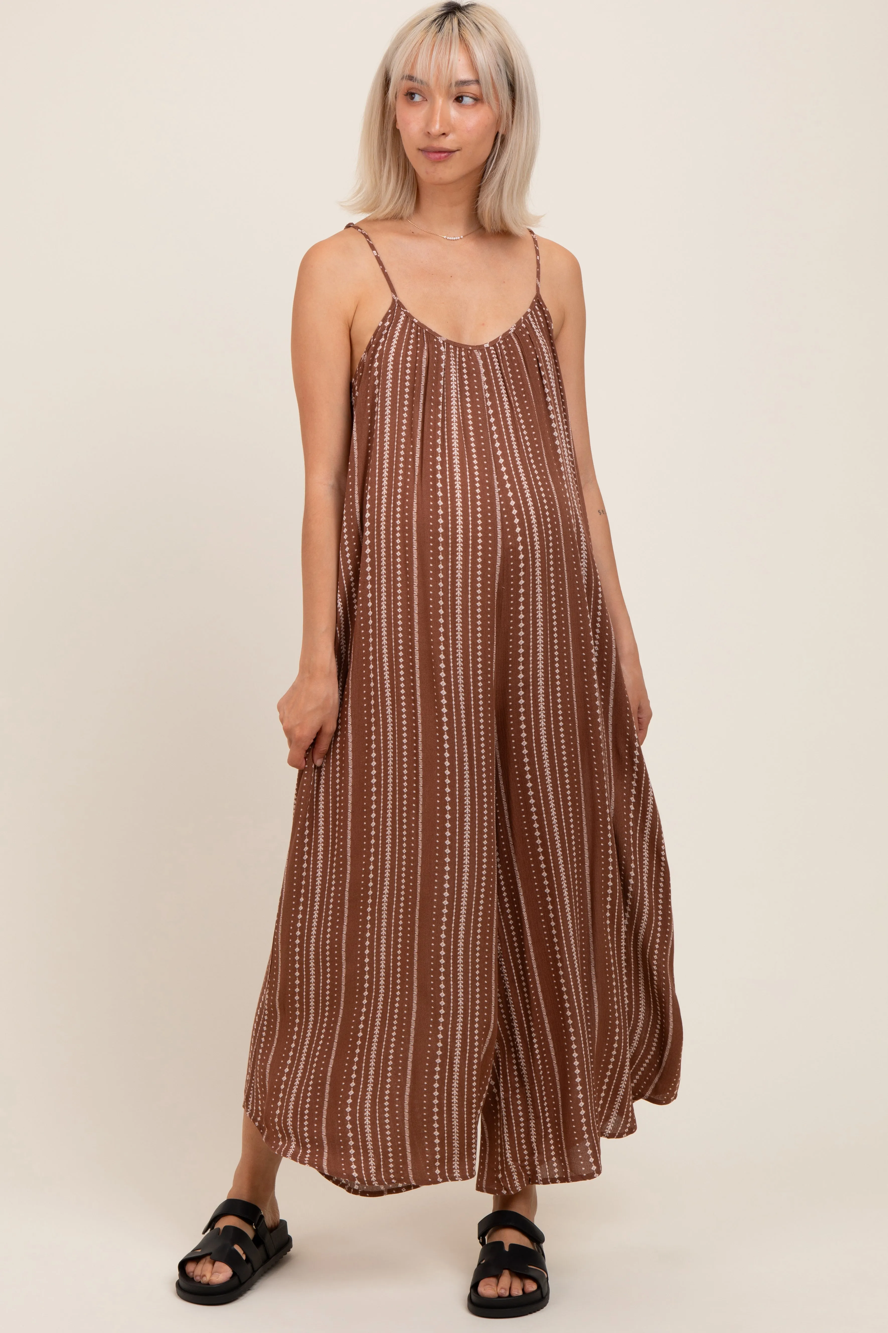 Brown Printed Sleeveless Wide Leg Maternity Jumpsuit sold by Pinkblush