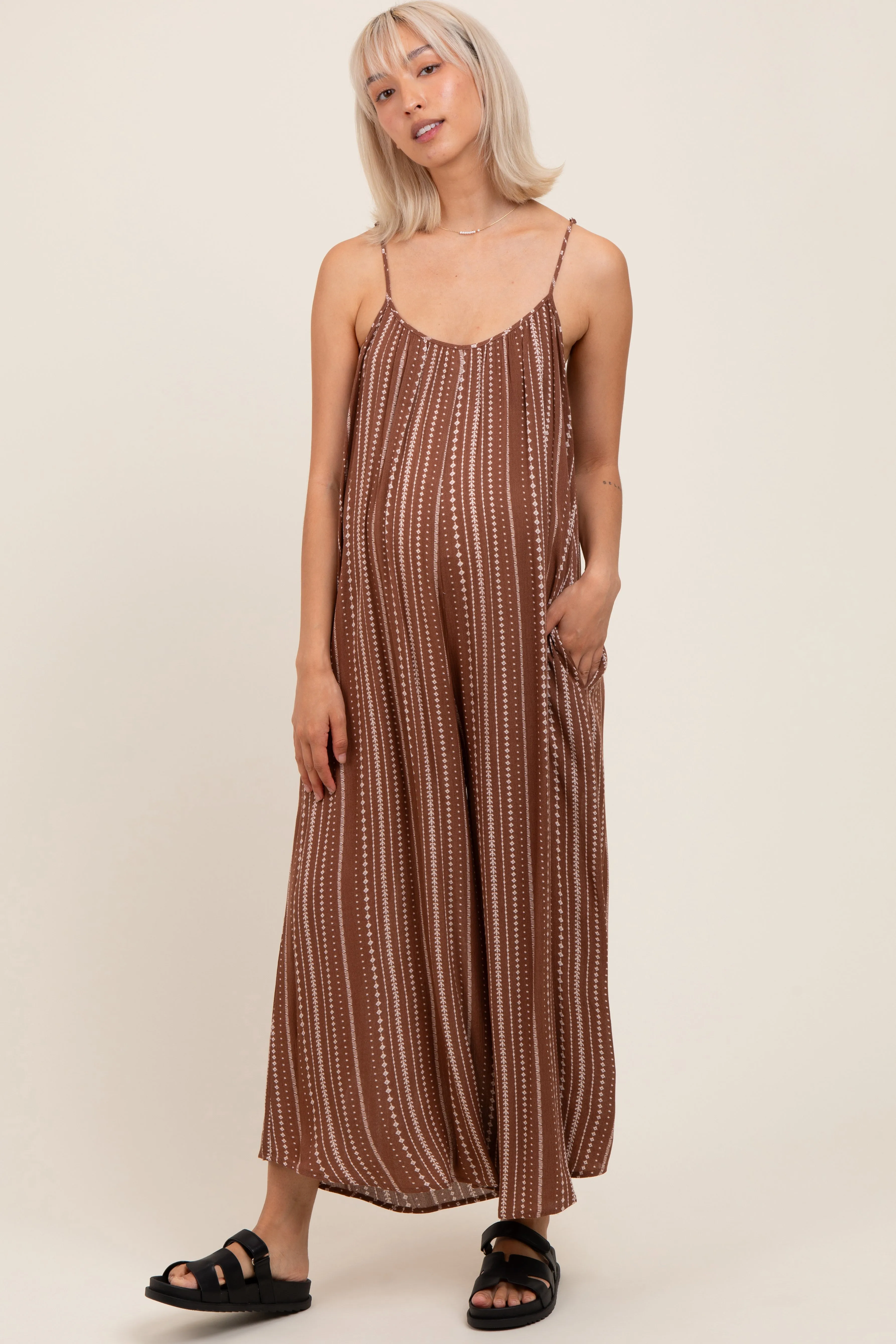 Brown Printed Sleeveless Wide Leg Maternity Jumpsuit sold by Pinkblush product image thumbnail 2