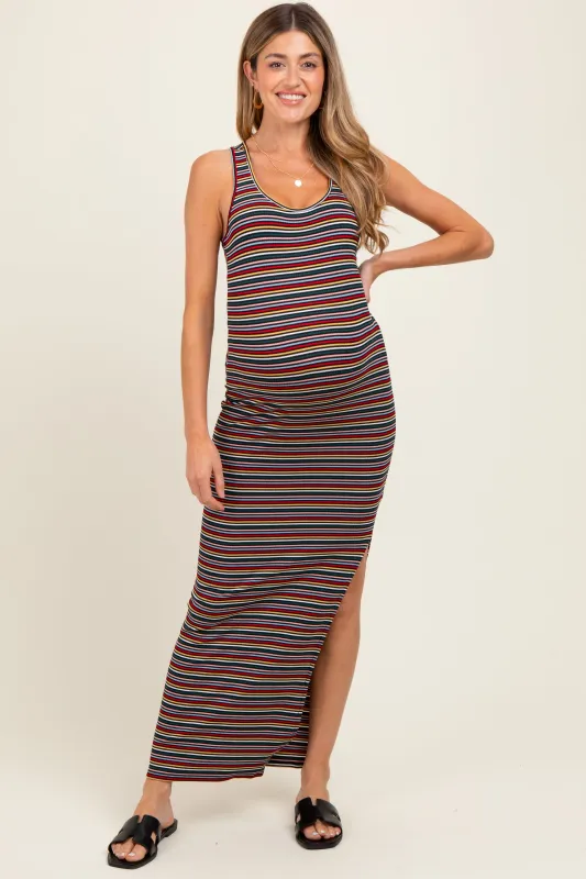 Yellow Multicolor Striped Side Slit Maternity Maxi Dress sold by Pinkblush