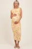 Yellow Printed Ruched Sleeveless Maternity Midi Dress sold by Pinkblush
