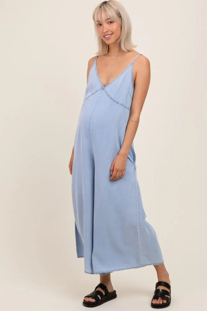 Light Blue Chambray V-Neck Sleeveless Wide Leg Maternity Jumpsuit sold by Pinkblush