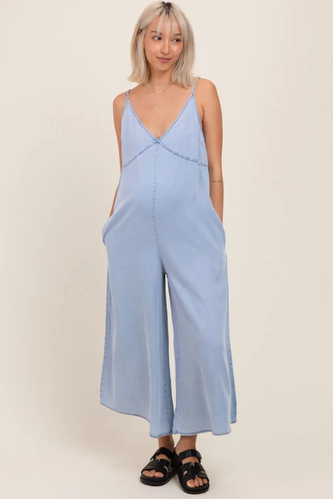 Light Blue Chambray V-Neck Sleeveless Wide Leg Maternity Jumpsuit sold by Pinkblush product image thumbnail 2