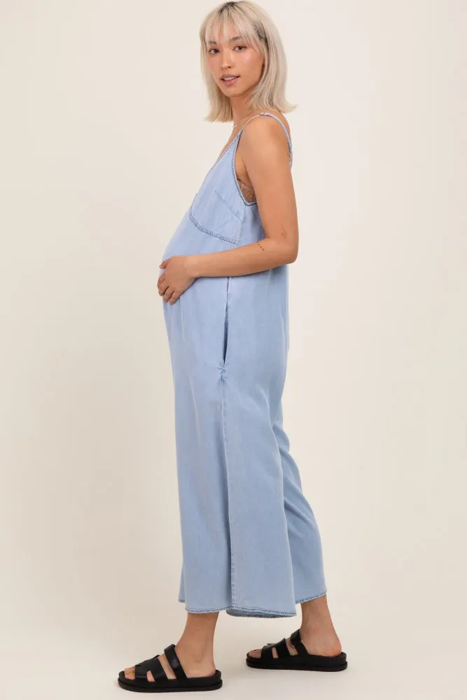 Light Blue Chambray V-Neck Sleeveless Wide Leg Maternity Jumpsuit sold by Pinkblush product image thumbnail 3