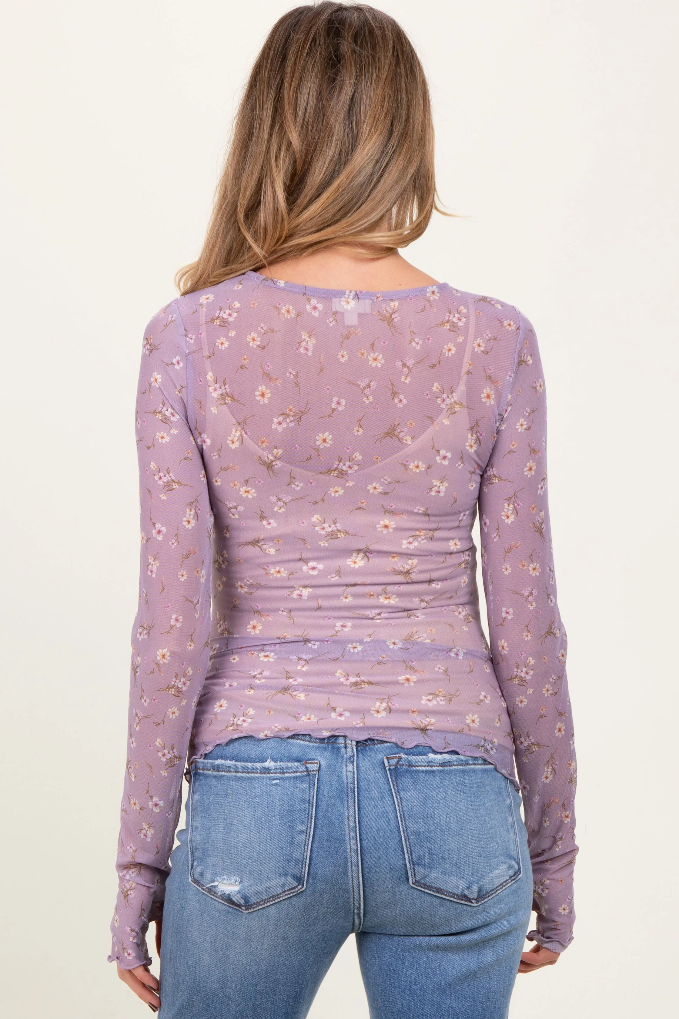 Lavender Ditsy Floral Print Mesh Cabbage Hem Maternity Top sold by Pinkblush product image thumbnail 4