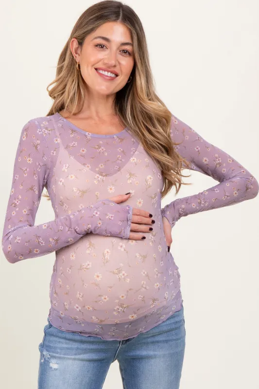 Lavender Ditsy Floral Print Mesh Cabbage Hem Maternity Top sold by Pinkblush