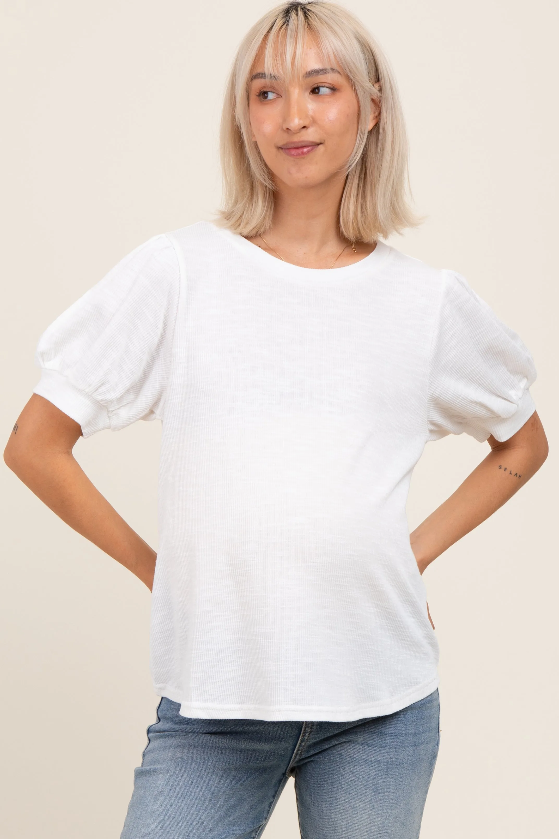 Ivory Ribbed Puffed Sleeve Maternity Top sold by Pinkblush