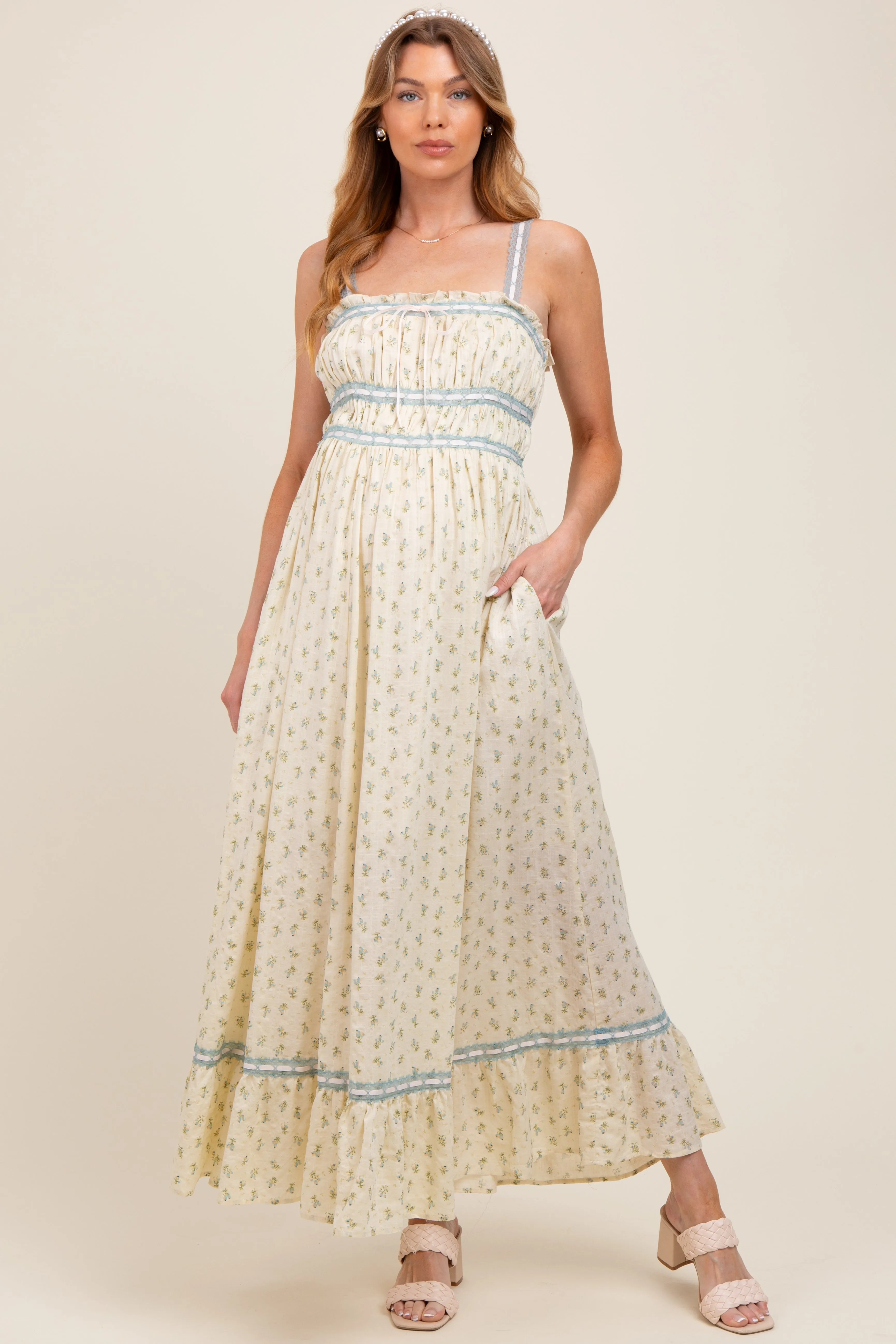 Blue Floral Ribbon Detail Sleeveless Maternity Maxi Dress sold by Pinkblush