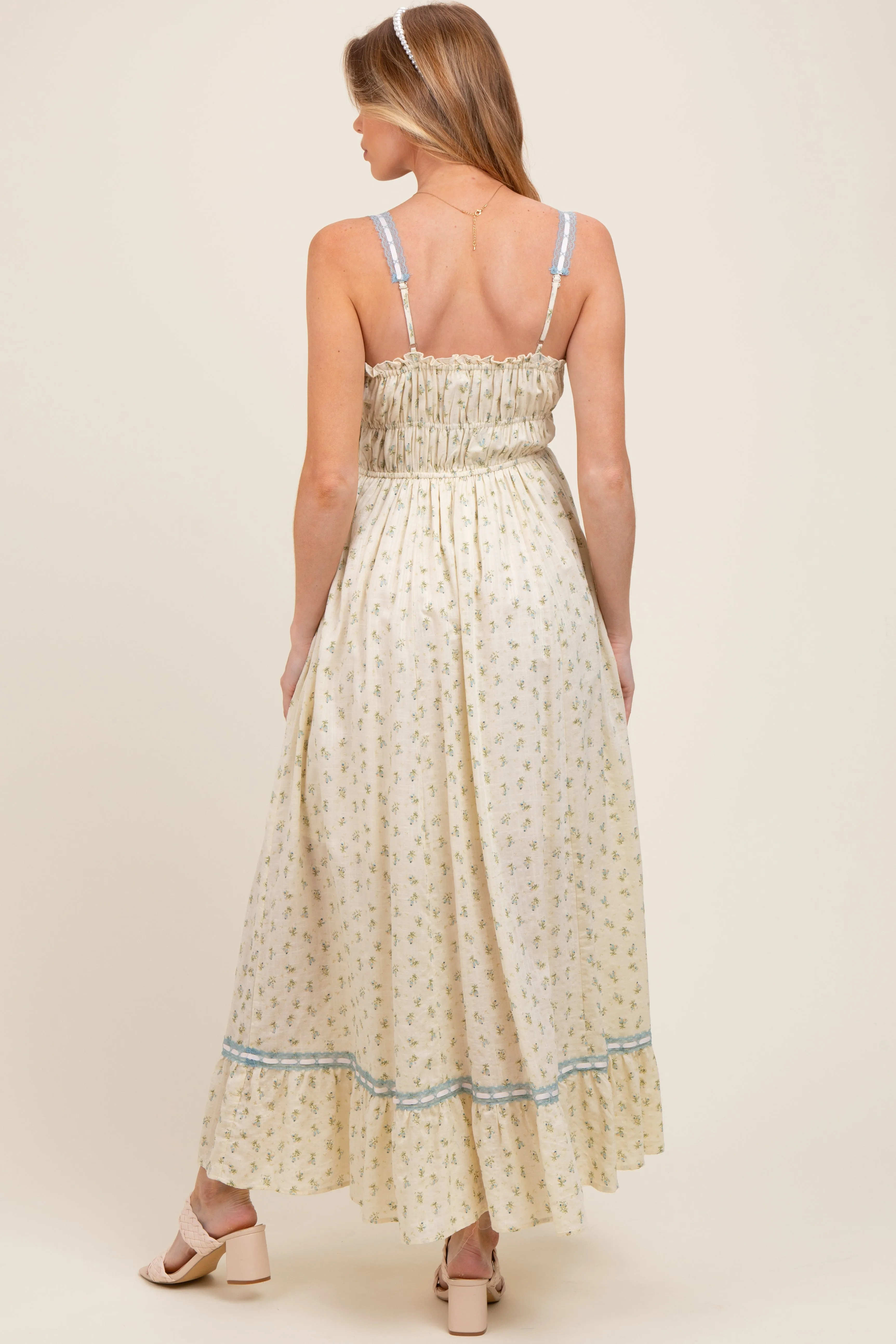 Blue Floral Ribbon Detail Sleeveless Maternity Maxi Dress sold by Pinkblush product image thumbnail 3