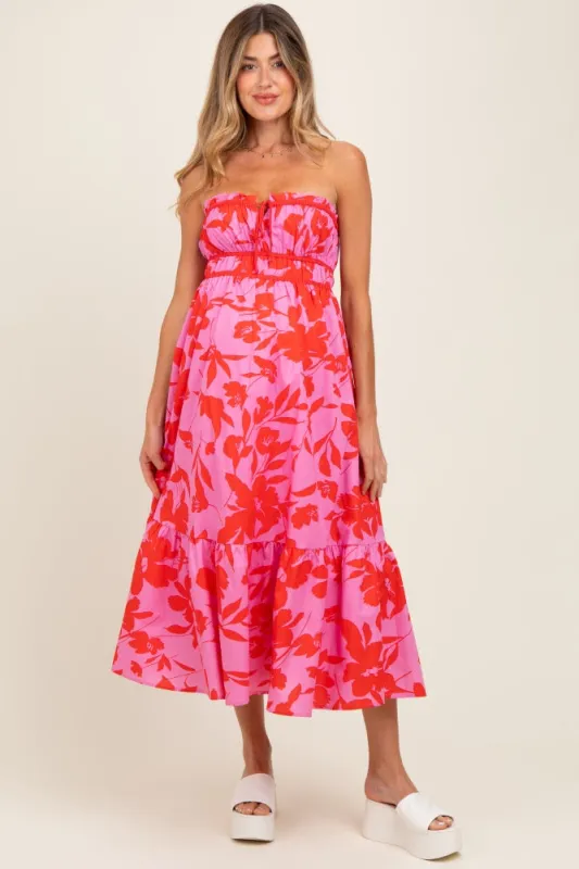 Pink Floral Strapless Front Tie Maternity Midi Dress made by Pinkblush