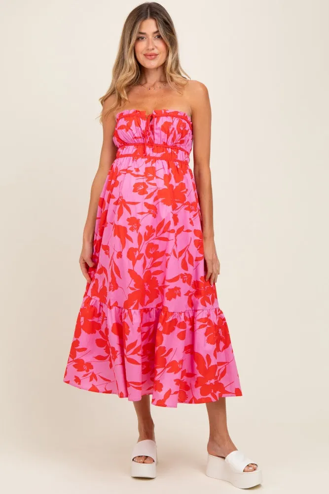 Pink Floral Strapless Front Tie Maternity Midi Dress sold by Pinkblush