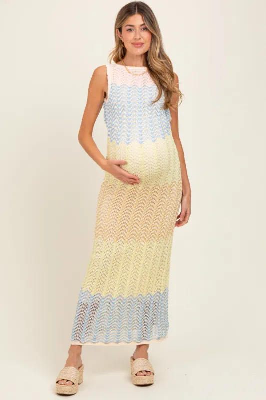 Yellow Colorblock Crochet Knit Open Tie Back Maternity Maxi Dress sold by Pinkblush