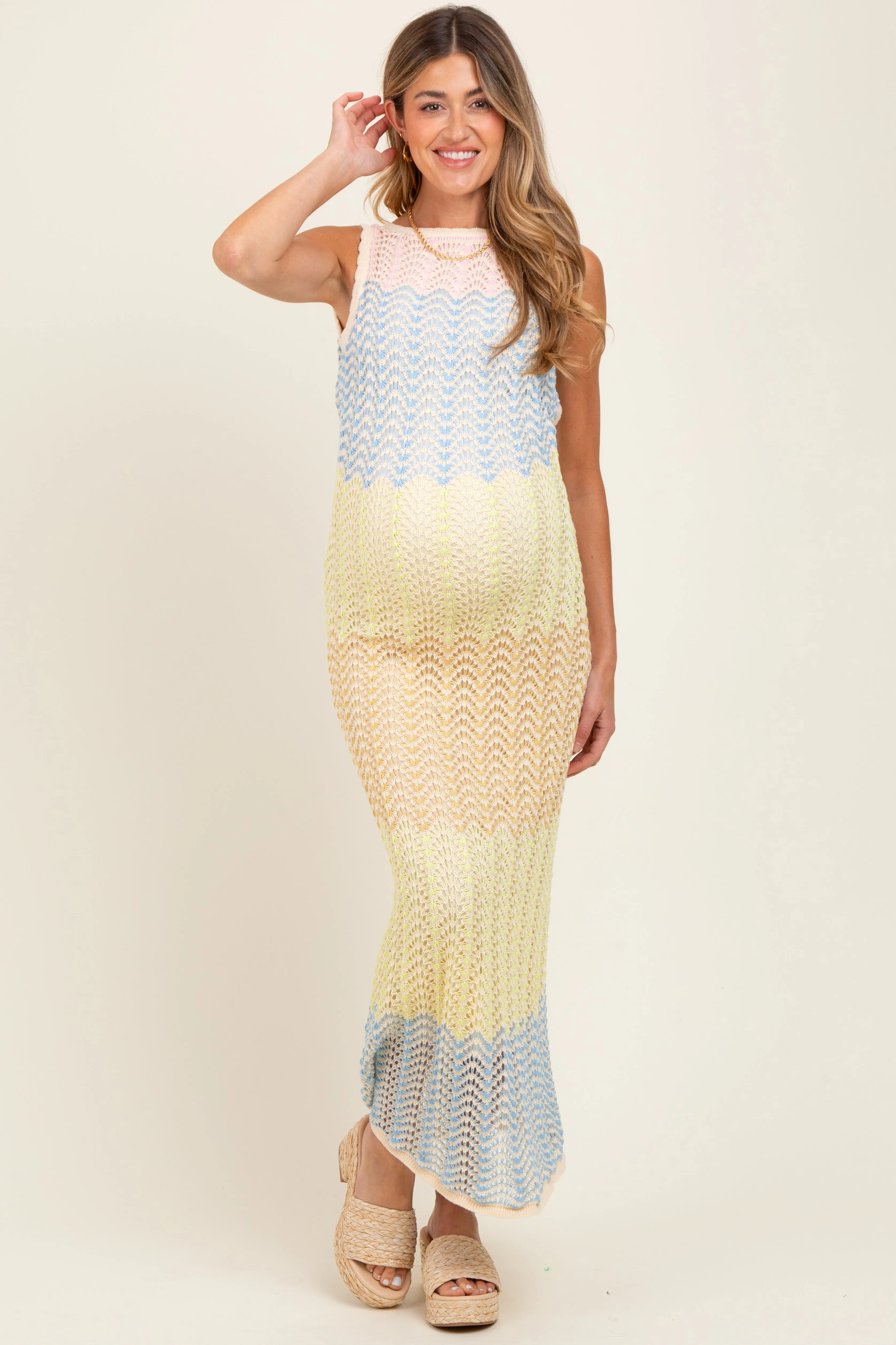 Yellow Colorblock Crochet Knit Open Tie Back Maternity Maxi Dress sold by Pinkblush product image thumbnail 2