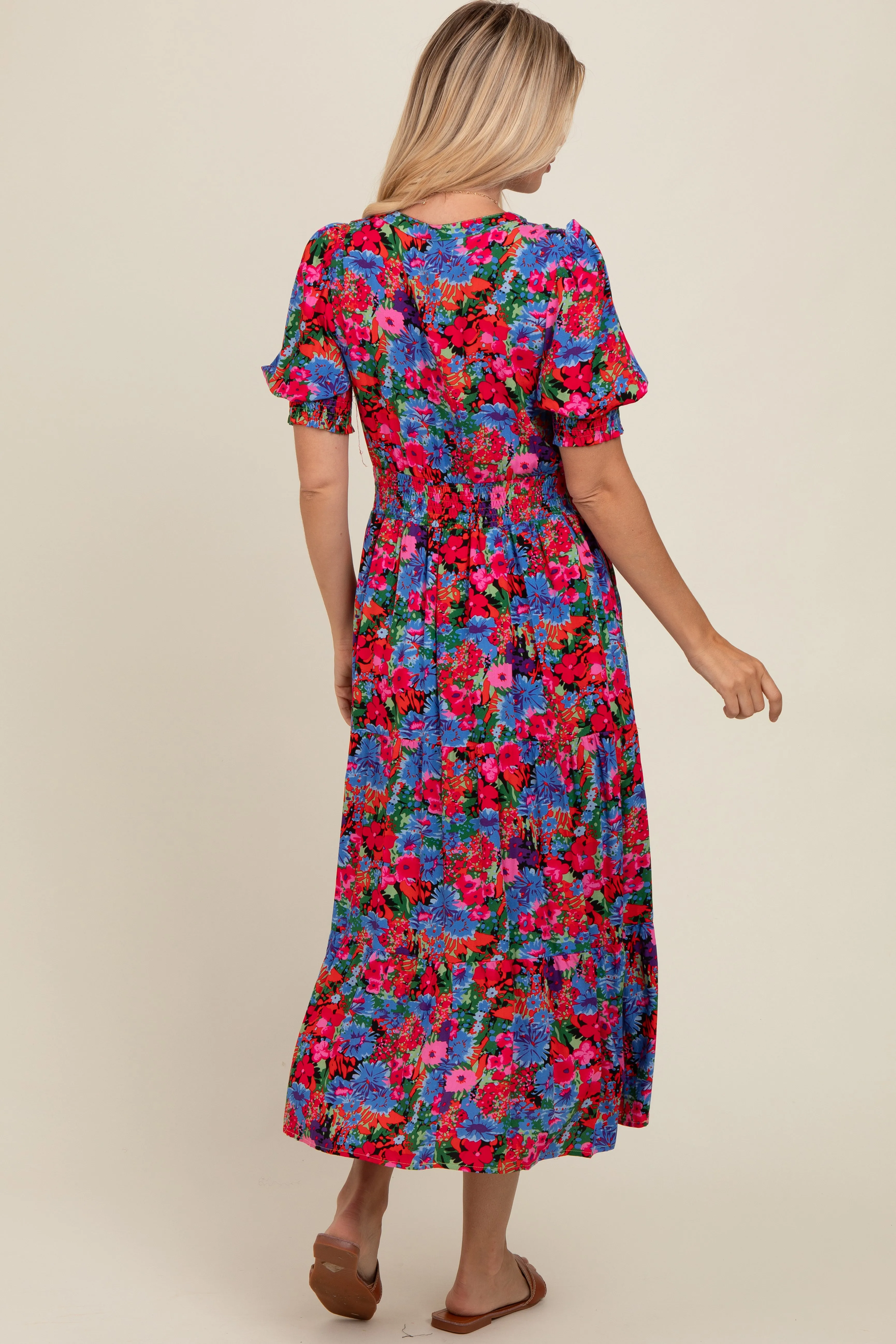Blue Floral Smocked Waist Midi Dress sold by Pinkblush product image thumbnail 3