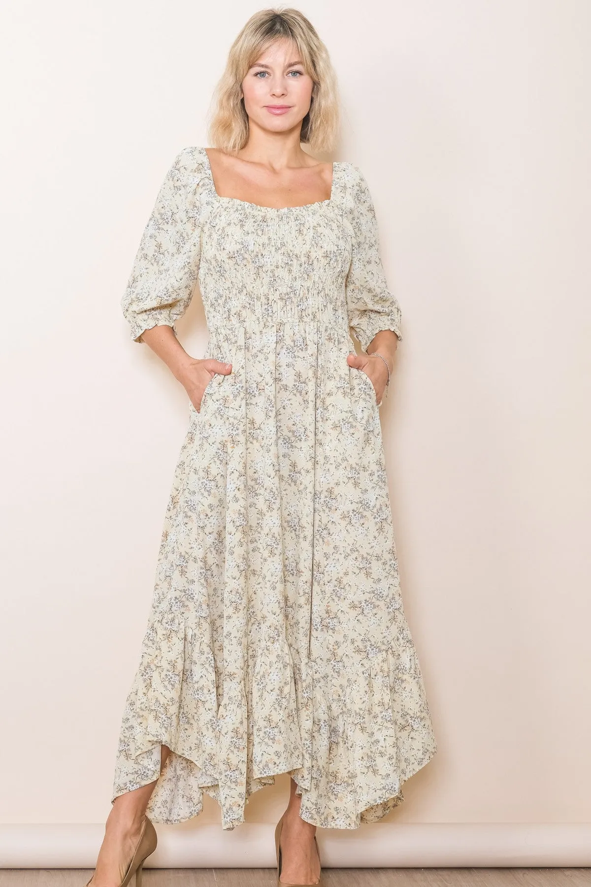 Light Olive Smocked Handkerchief Hem Dress sold by Pinkblush