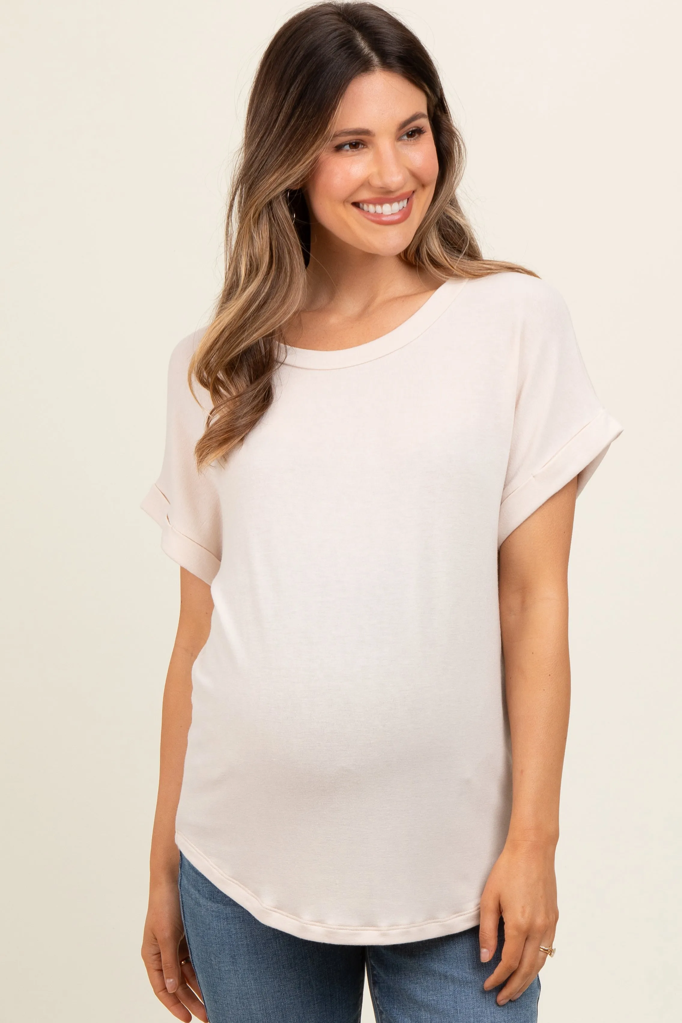 Beige Short Sleeve Terry Maternity Top sold by Pinkblush product image thumbnail 2