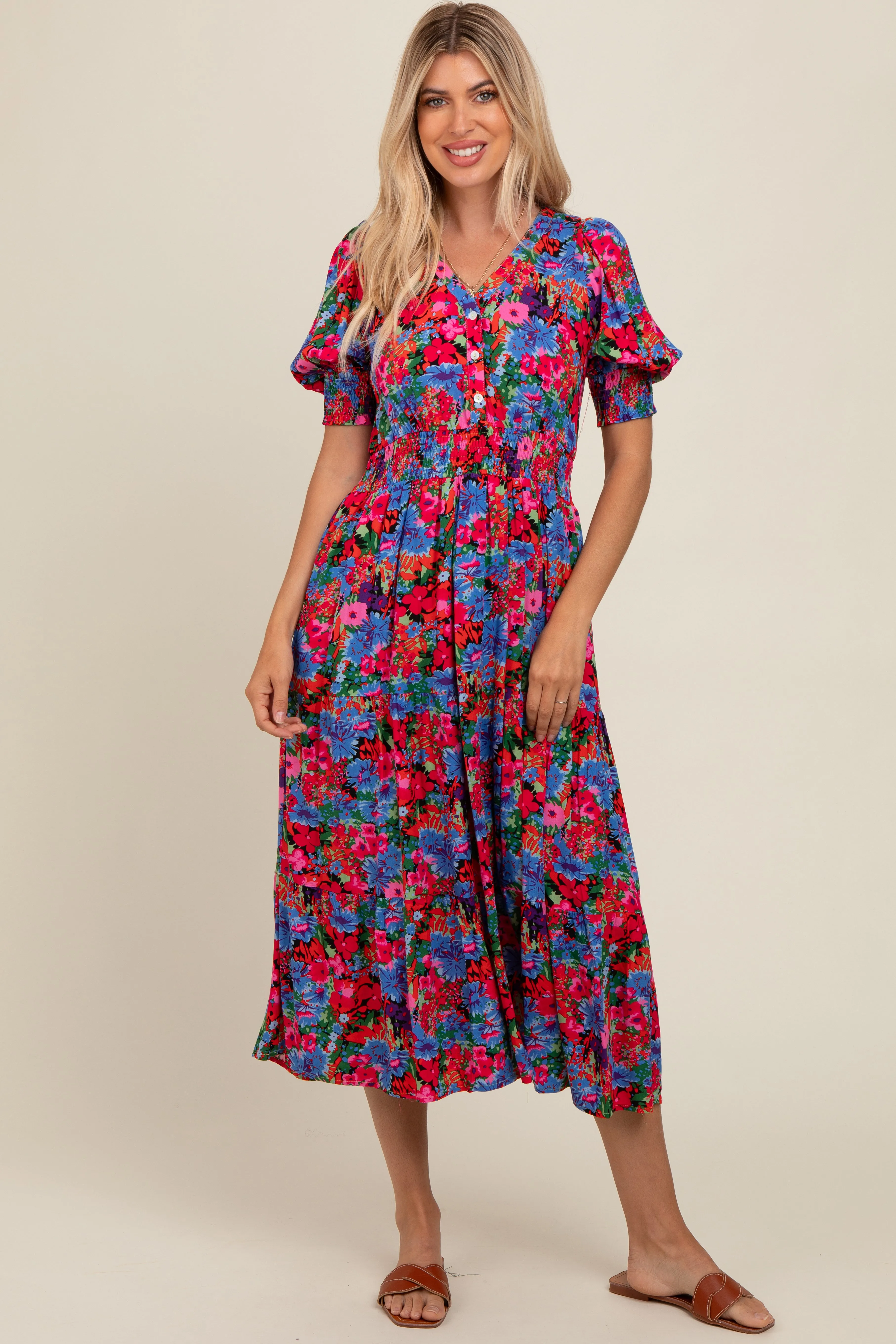 Blue Floral Smocked Waist Midi Dress sold by Pinkblush
