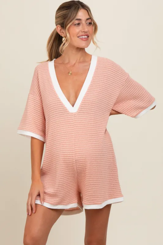 Peach Contrast Knit Maternity Romper sold by Pinkblush