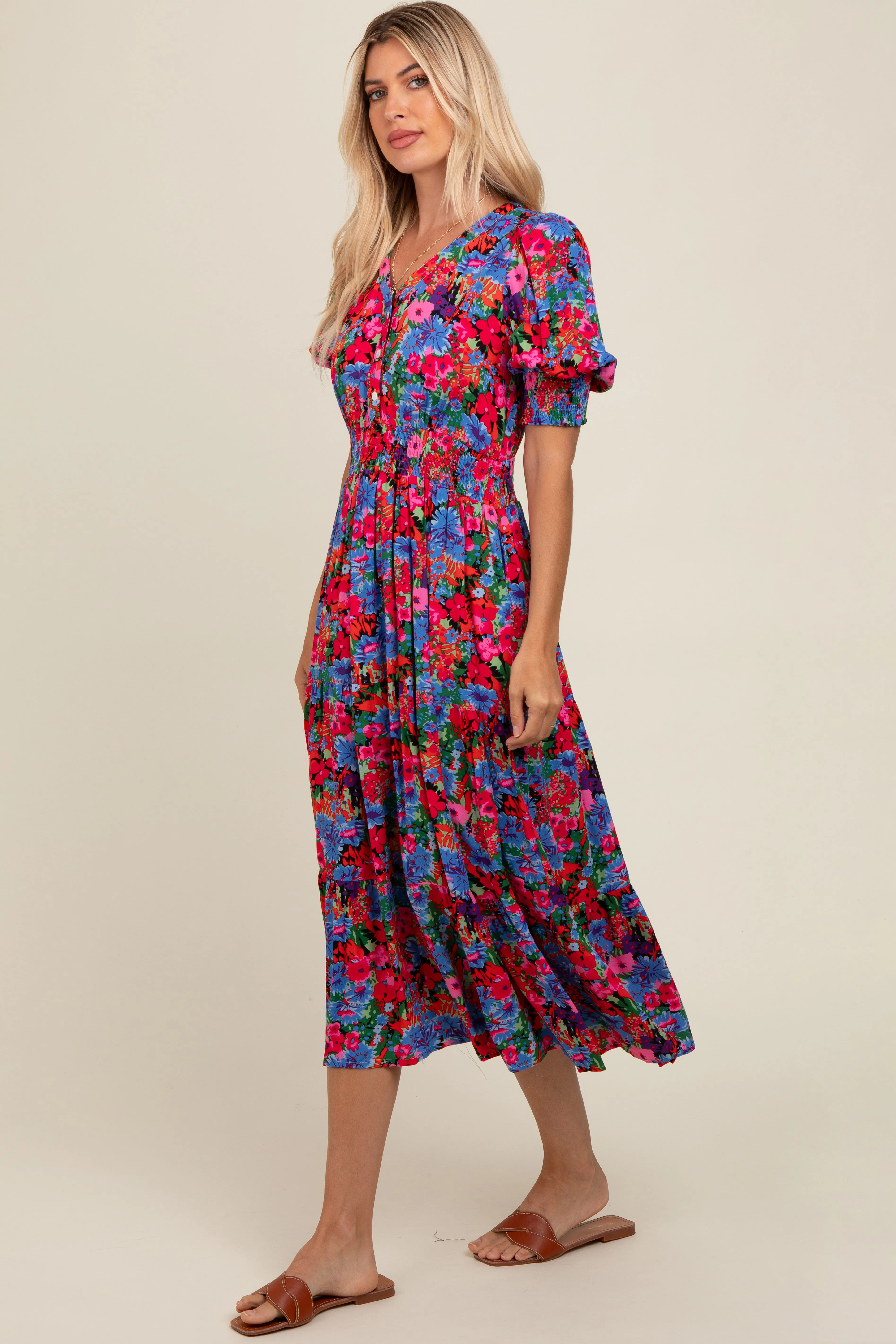 Blue Floral Smocked Waist Midi Dress sold by Pinkblush product image thumbnail 2