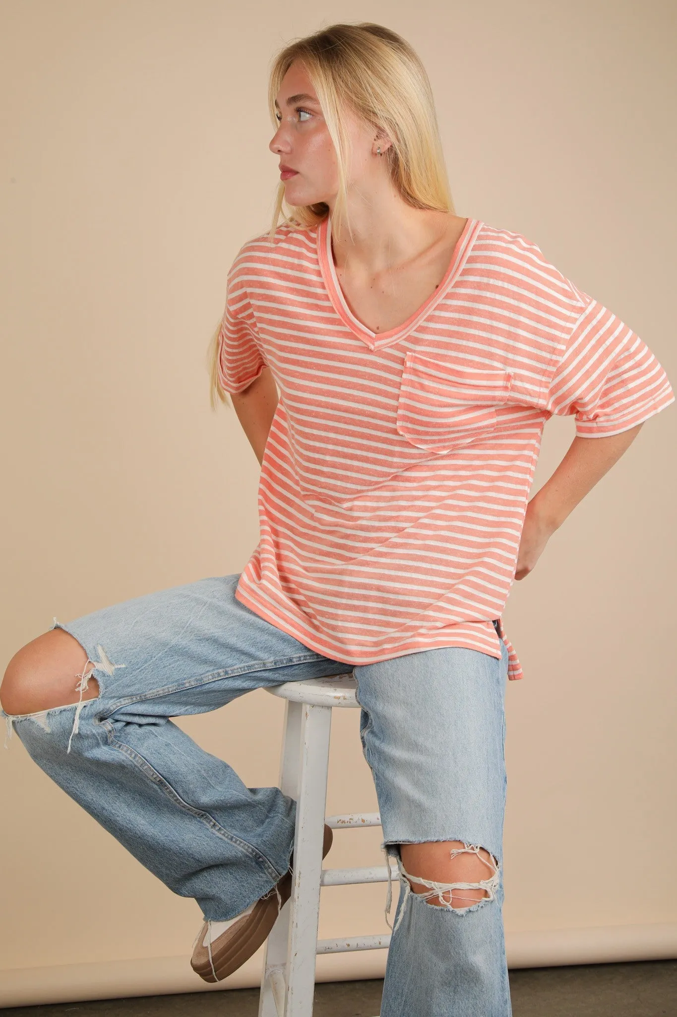 Peach Striped Oversized V-Neck Front Pocket T-Shirt sold by Pinkblush product image thumbnail 5