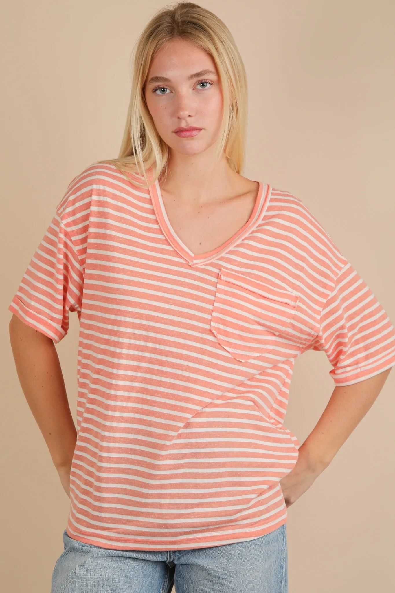 Peach Striped Oversized V-Neck Front Pocket T-Shirt sold by Pinkblush product image thumbnail 2