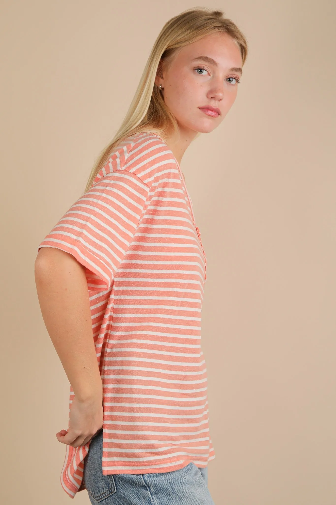 Peach Striped Oversized V-Neck Front Pocket T-Shirt sold by Pinkblush product image thumbnail 3