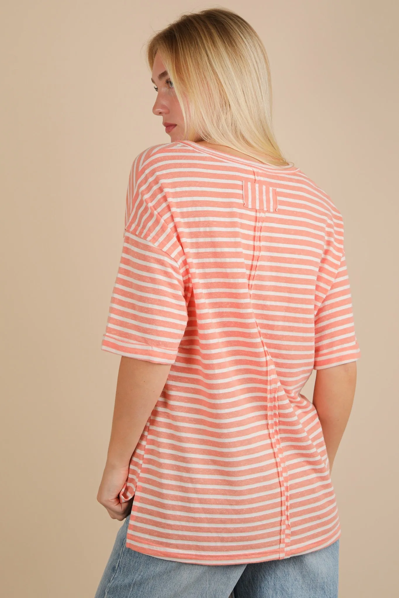 Peach Striped Oversized V-Neck Front Pocket T-Shirt sold by Pinkblush product image thumbnail 4