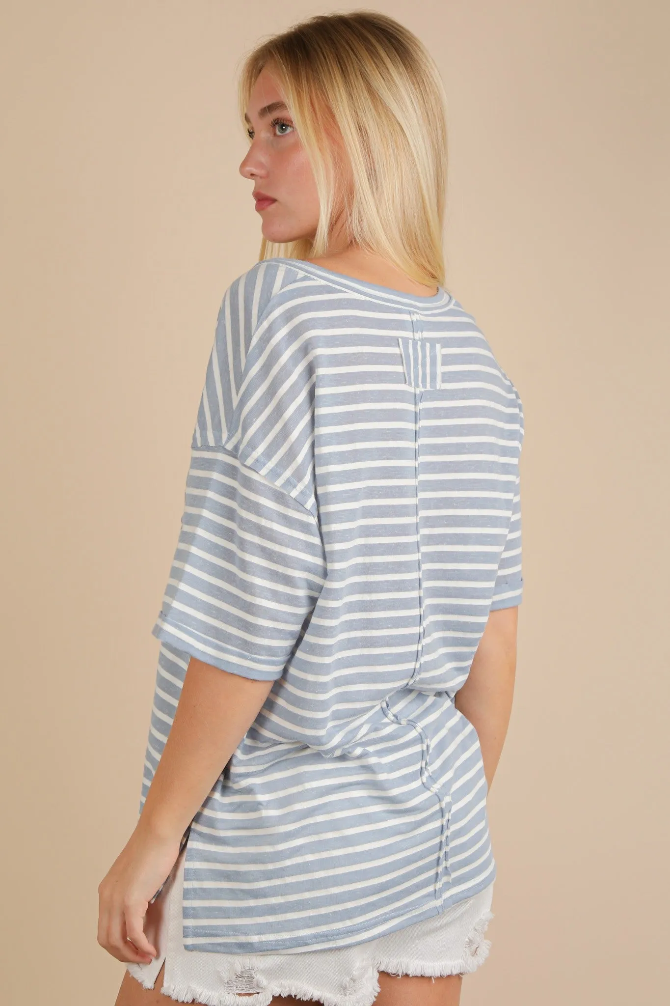 Blue Striped Oversized V-Neck Front Pocket T-Shirt sold by Pinkblush product image thumbnail 4