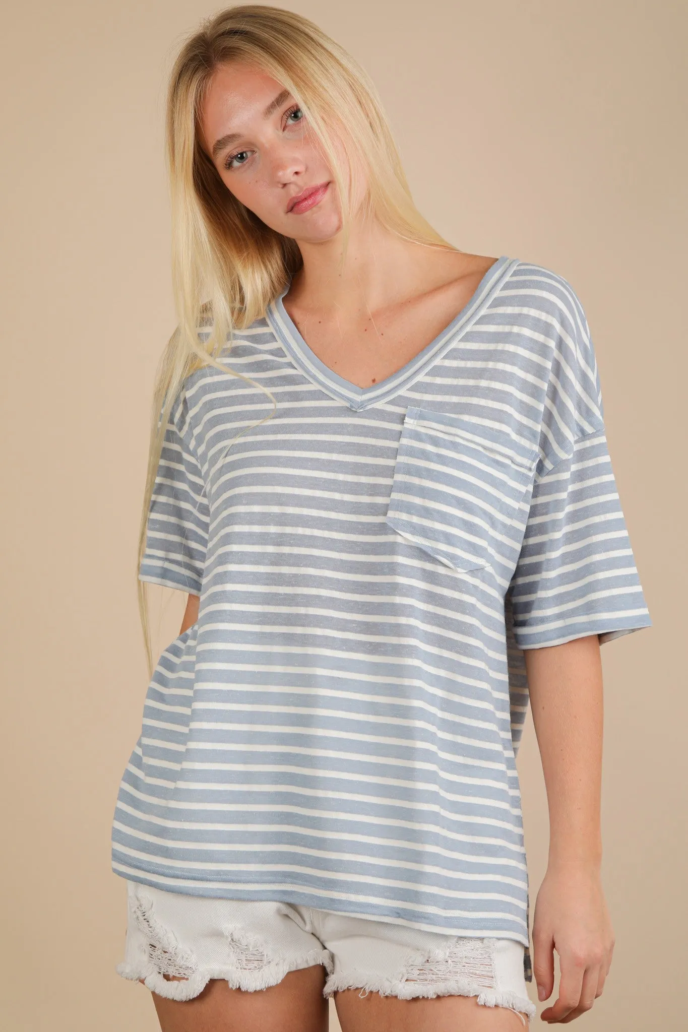 Blue Striped Oversized V-Neck Front Pocket T-Shirt sold by Pinkblush