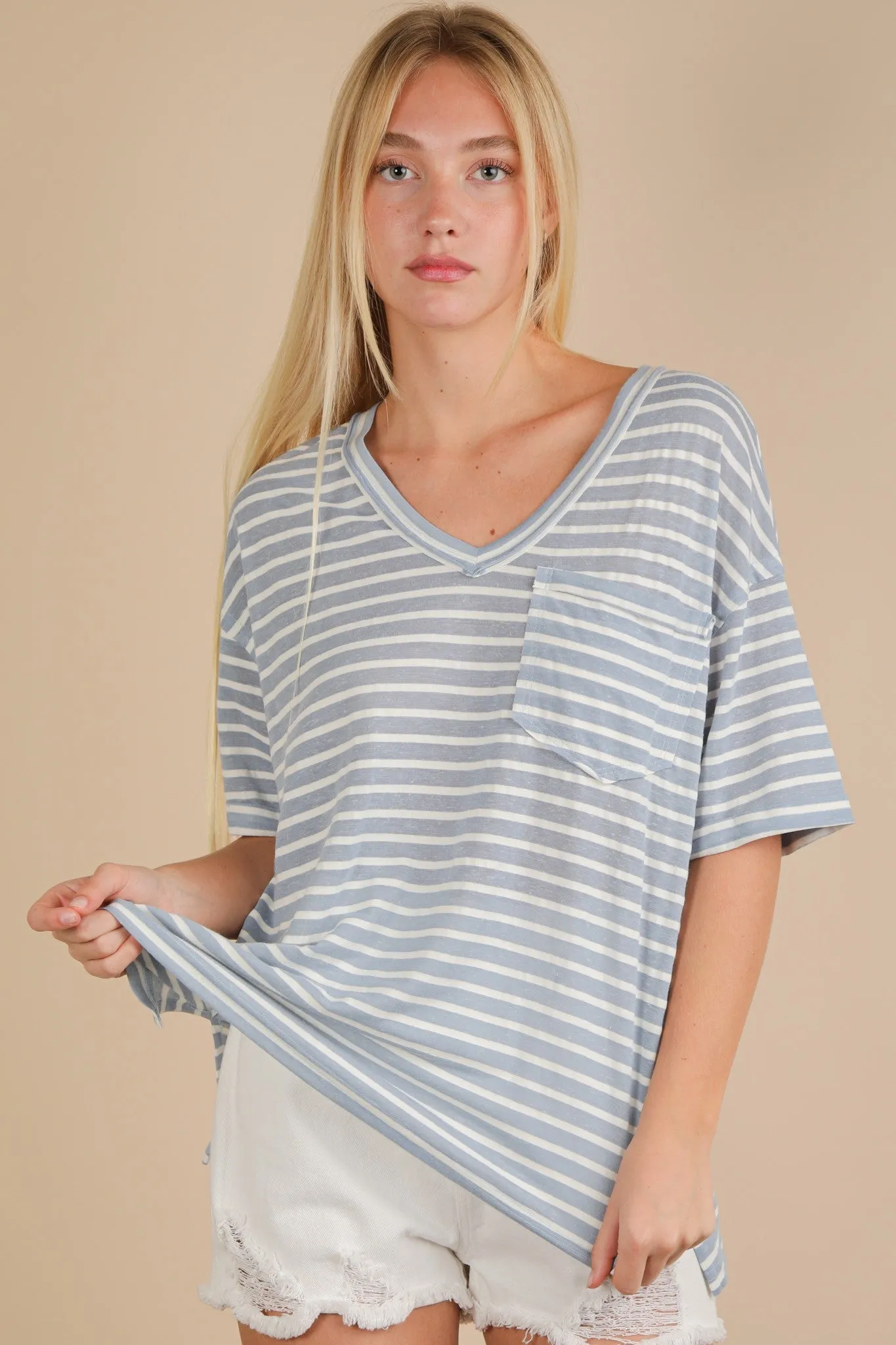 Blue Striped Oversized V-Neck Front Pocket T-Shirt sold by Pinkblush product image thumbnail 2