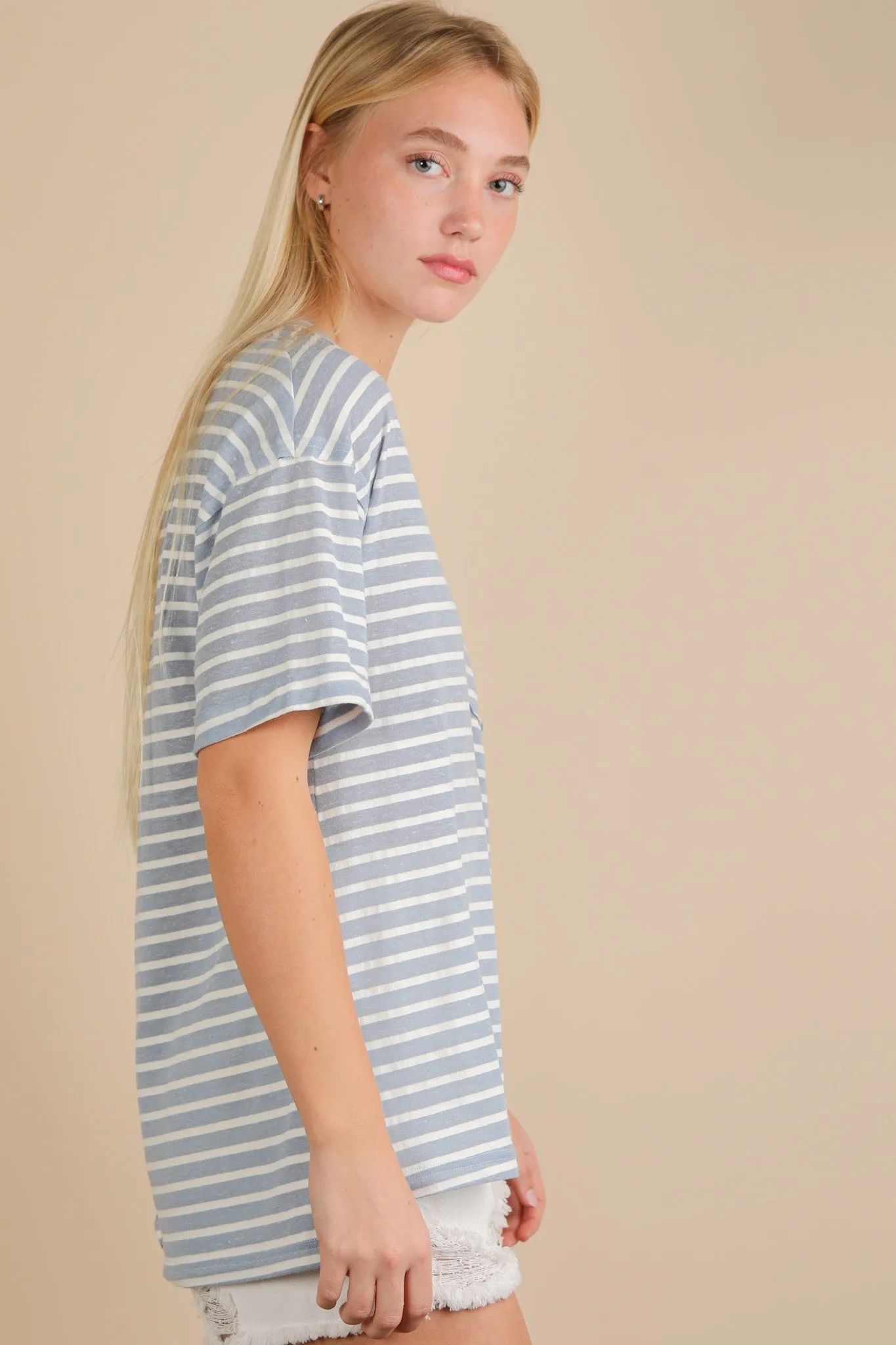 Blue Striped Oversized V-Neck Front Pocket T-Shirt sold by Pinkblush product image thumbnail 3