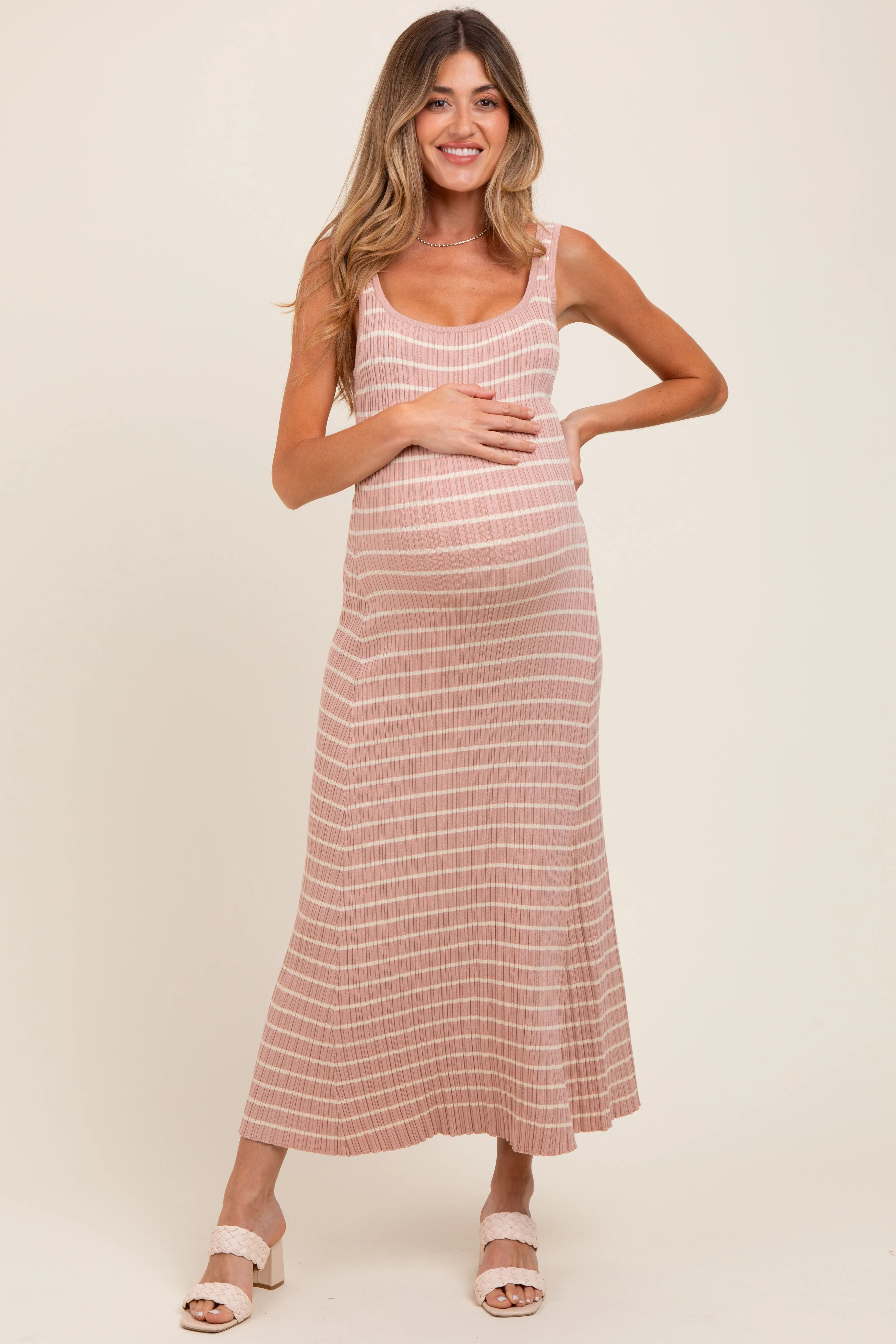 Blush/Cream Lightweight Rib Fit And Flare Maternity Midi Dress sold by Pinkblush