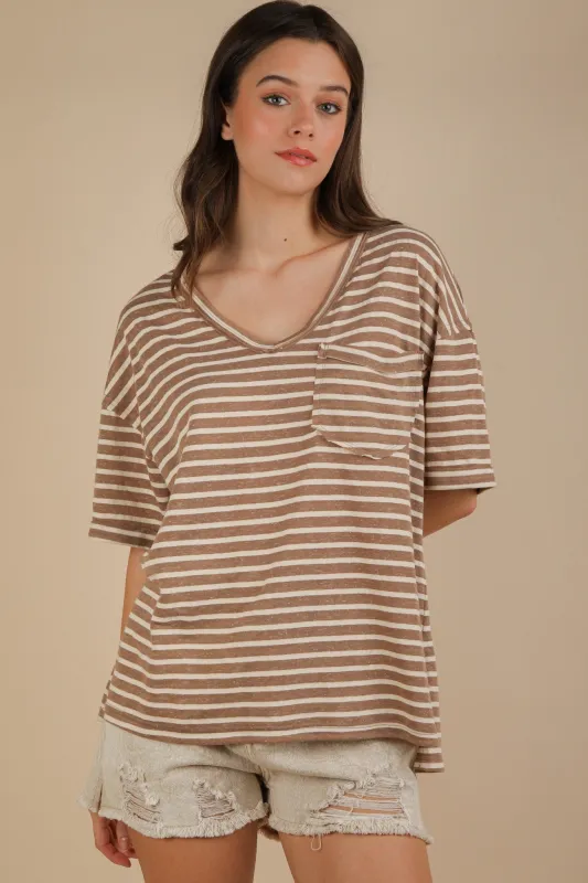 Mocha Striped Oversized V-Neck Front Pocket T-Shirt made by Very J