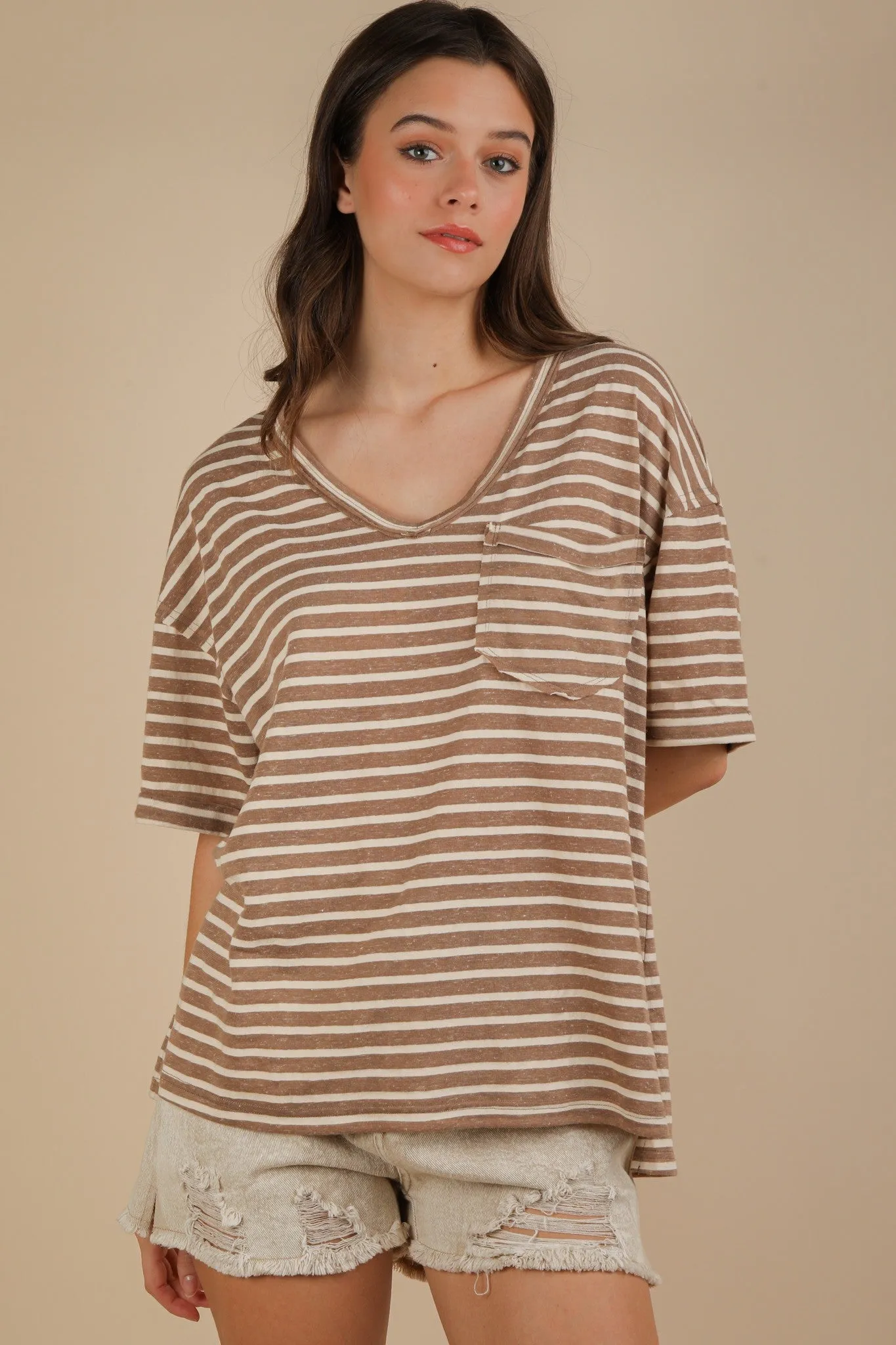 Mocha Striped Oversized V-Neck Front Pocket T-Shirt sold by Pinkblush