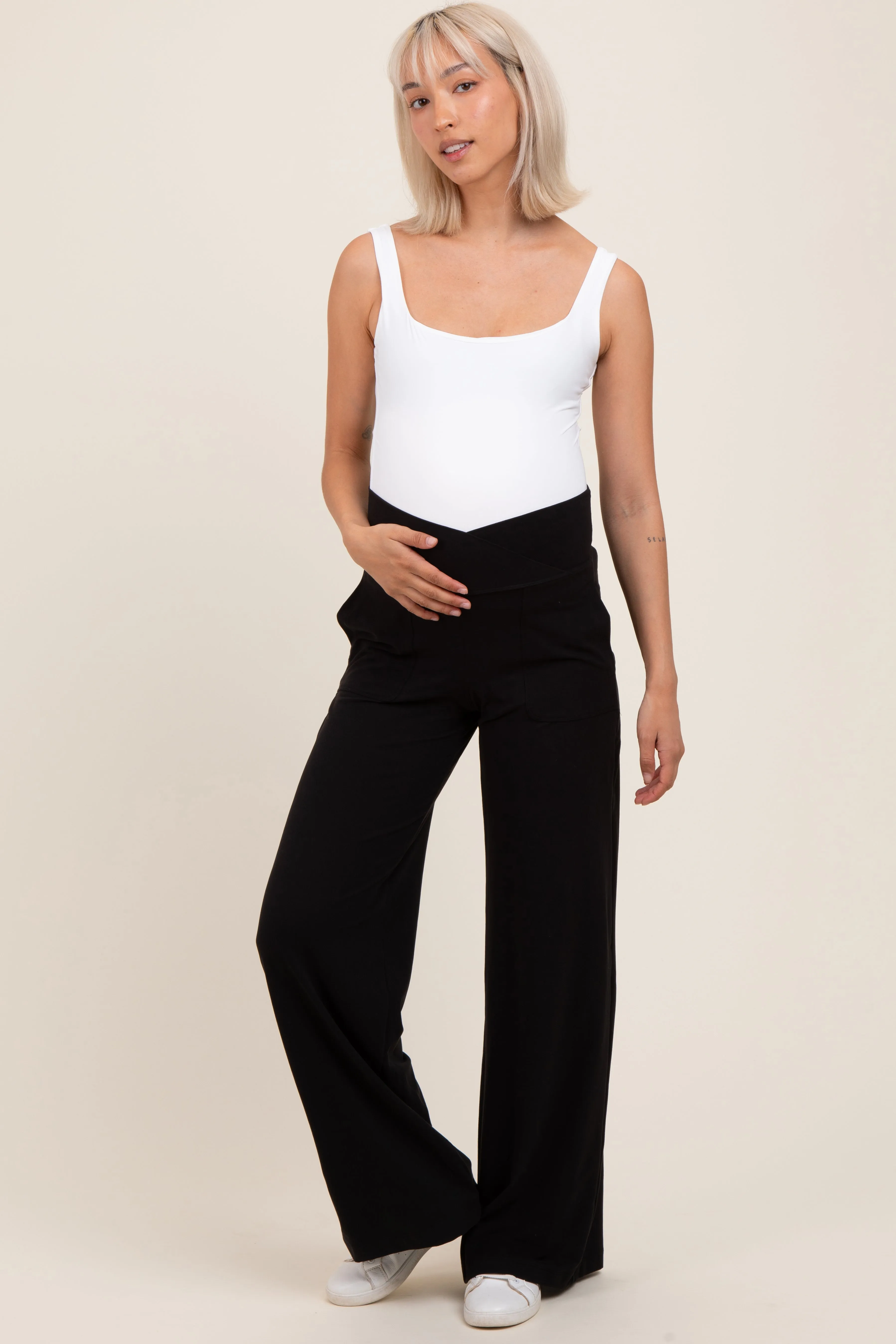 Black Crossover Waist Active Wide Leg Maternity Pant sold by Pinkblush
