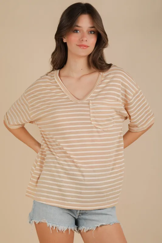 Beige Striped Oversized V-Neck Front Pocket T-Shirt sold by Pinkblush