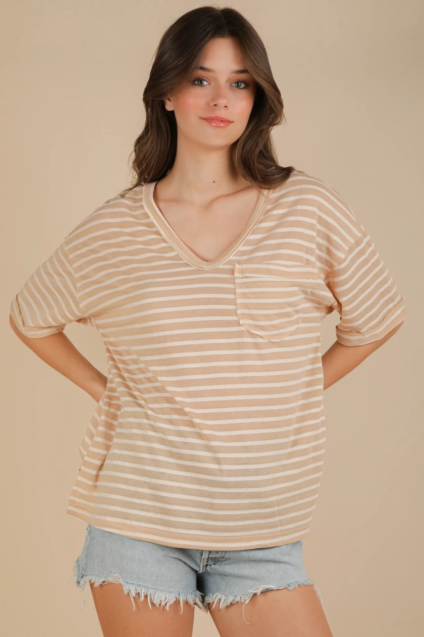 Beige Striped Oversized V-Neck Front Pocket T-Shirt sold by Pinkblush