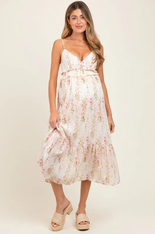 Yellow Floral Ruffle Accent Sleeveless Maternity Midi Dress sold by Pinkblush