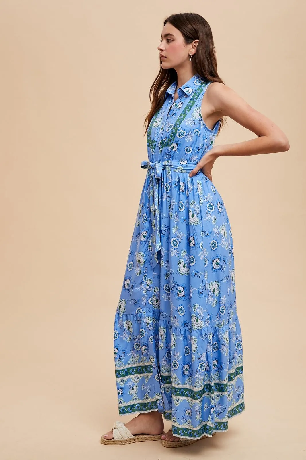 Blue Border Print Collared Button Down Maxi Dress sold by Pinkblush product image thumbnail 2