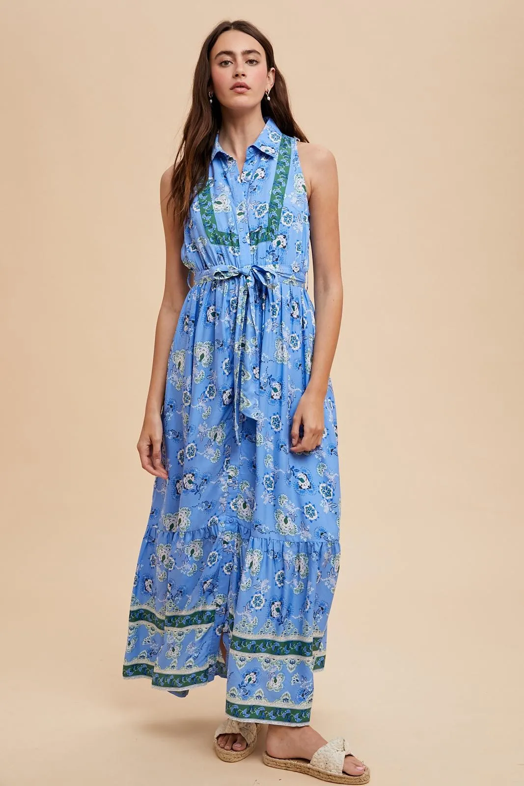 Blue Border Print Collared Button Down Maxi Dress sold by Pinkblush