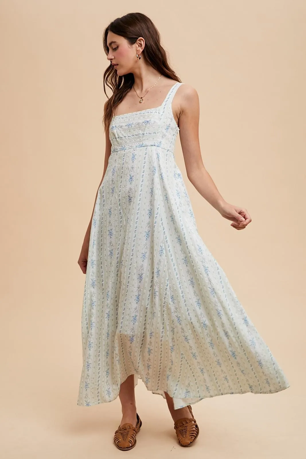 Light Blue Cotton Floral Square Neck Sleeveless Maxi Dress sold by Pinkblush product image thumbnail 2
