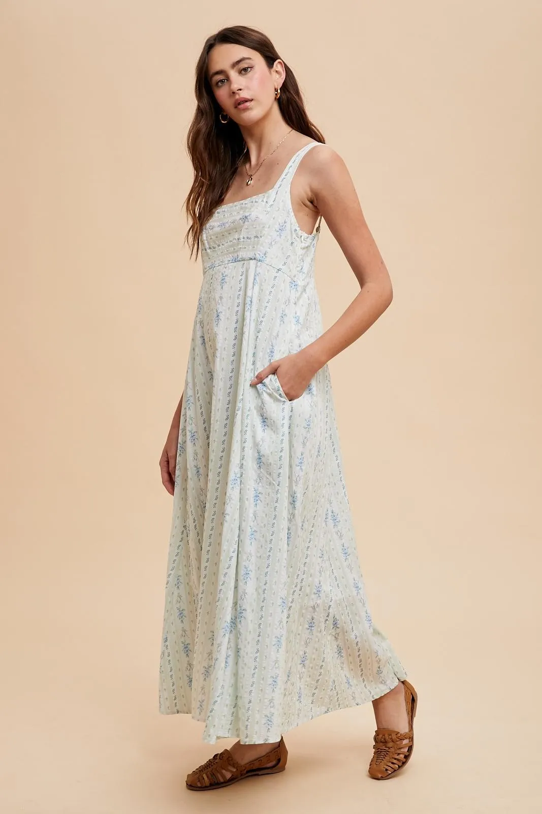 Light Blue Cotton Floral Square Neck Sleeveless Maxi Dress sold by Pinkblush product image thumbnail 3