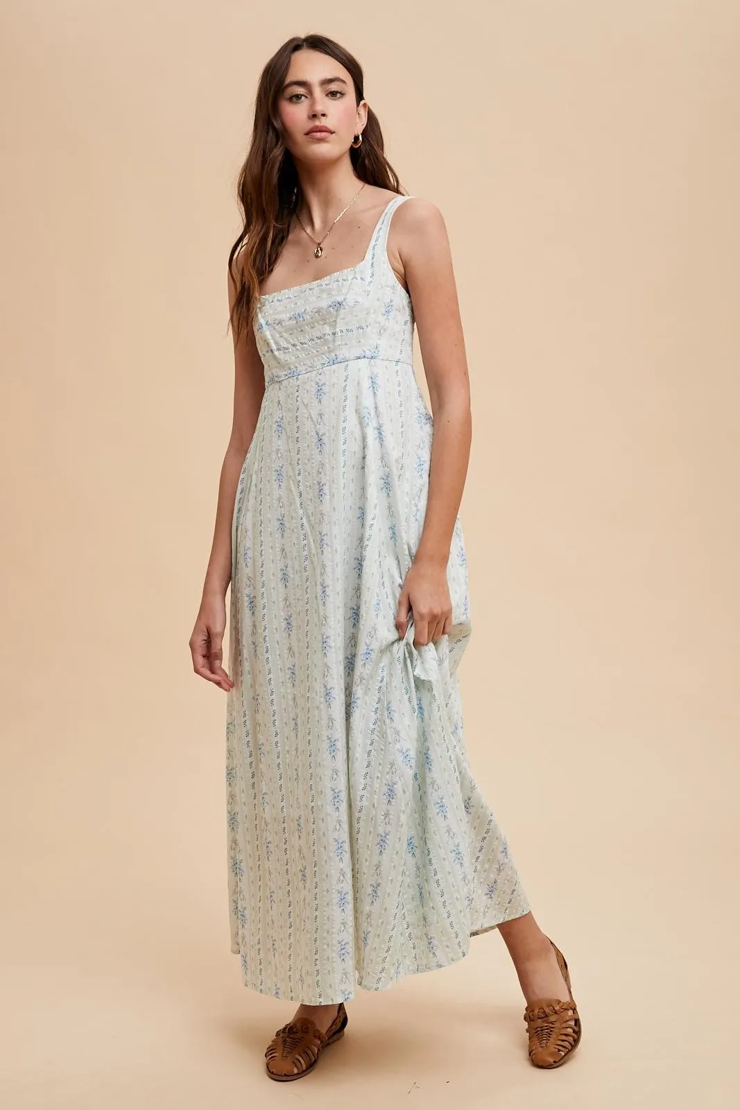 Light Blue Cotton Floral Square Neck Sleeveless Maxi Dress sold by Pinkblush
