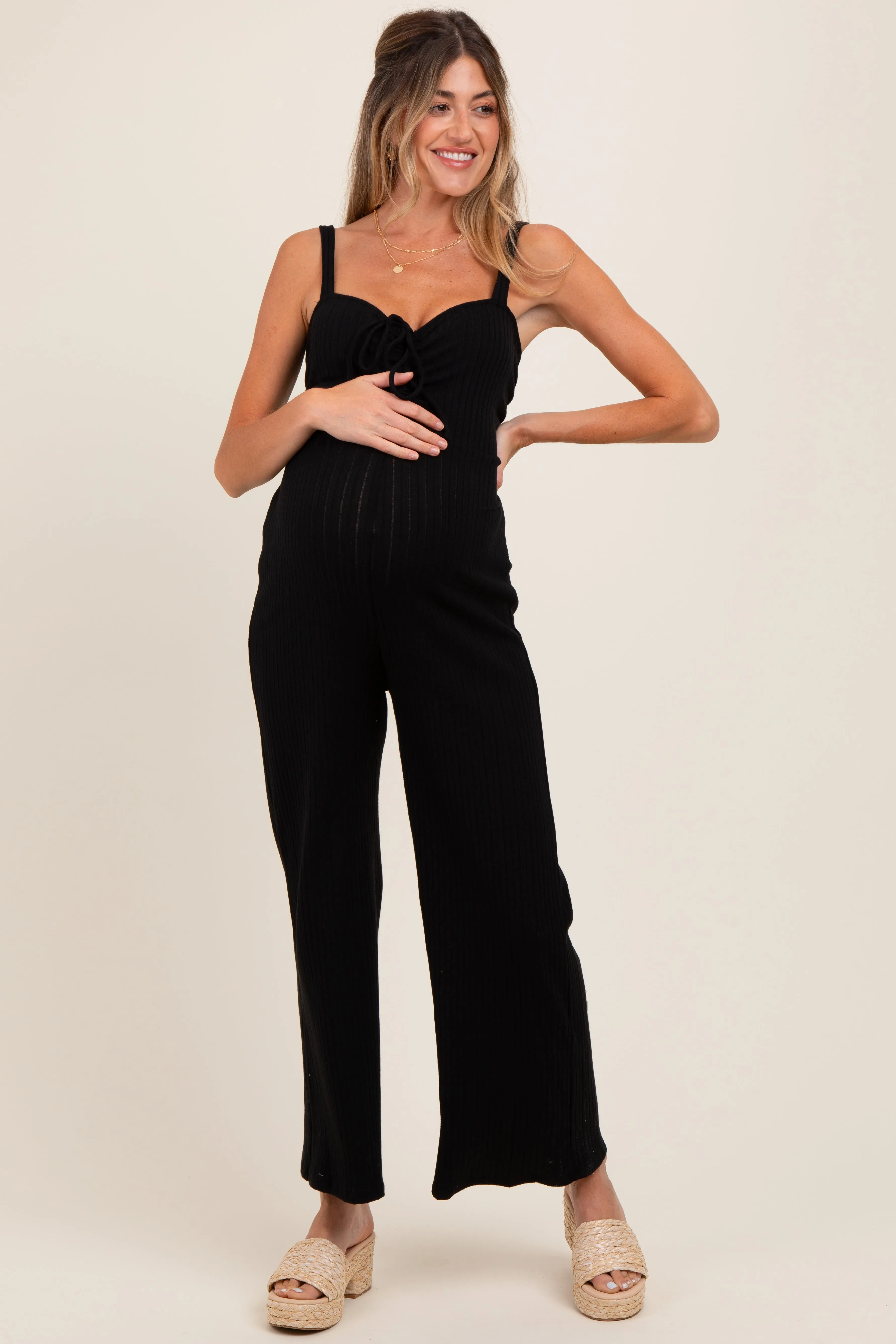 Black Ribbed Cinched Front Maternity Jumpsuit sold by Pinkblush product image thumbnail 2