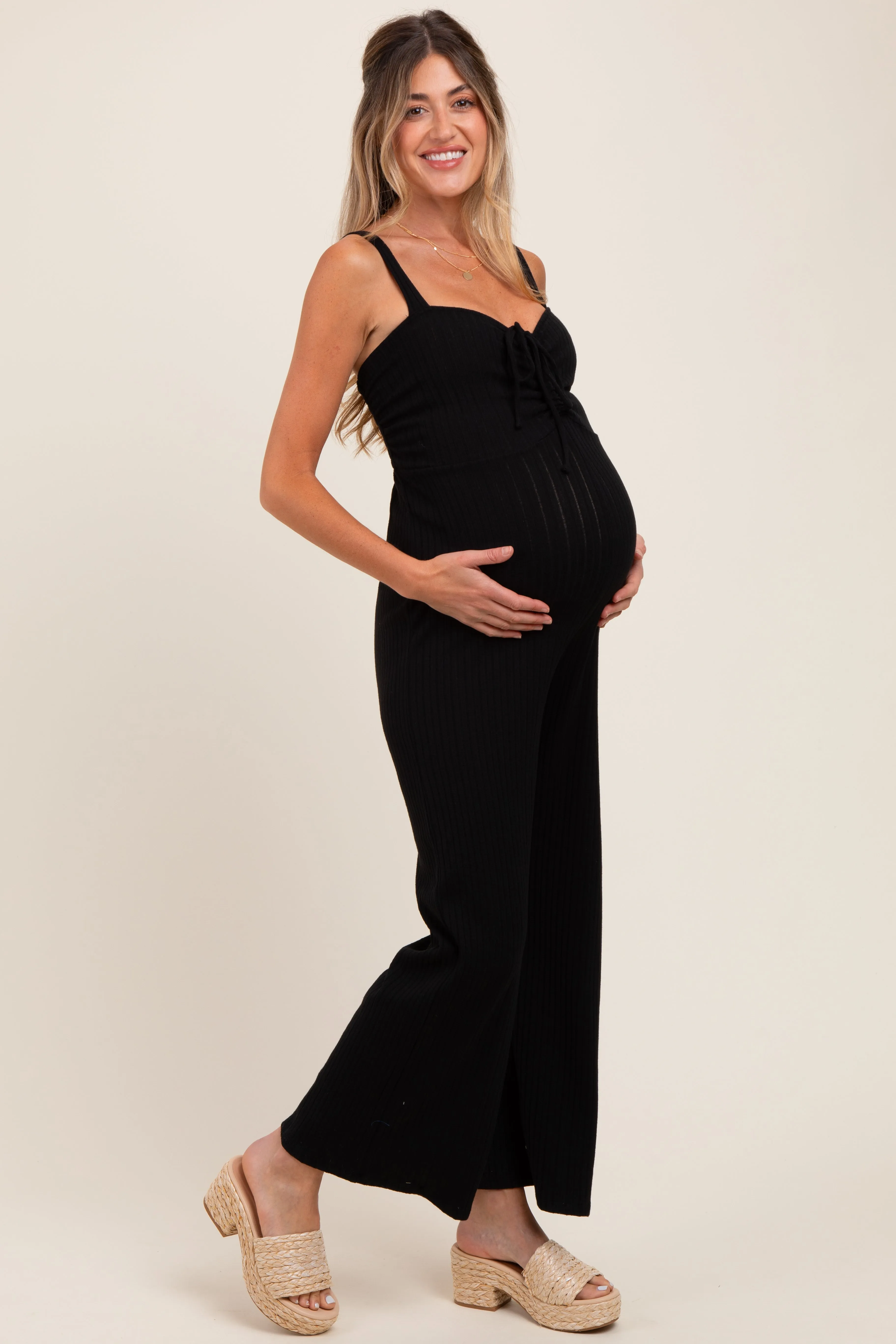 Black Ribbed Cinched Front Maternity Jumpsuit sold by Pinkblush product image thumbnail 3