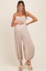 Beige Smocked Button Front Shoulder Tie Maternity Jumpsuit sold by Pinkblush
