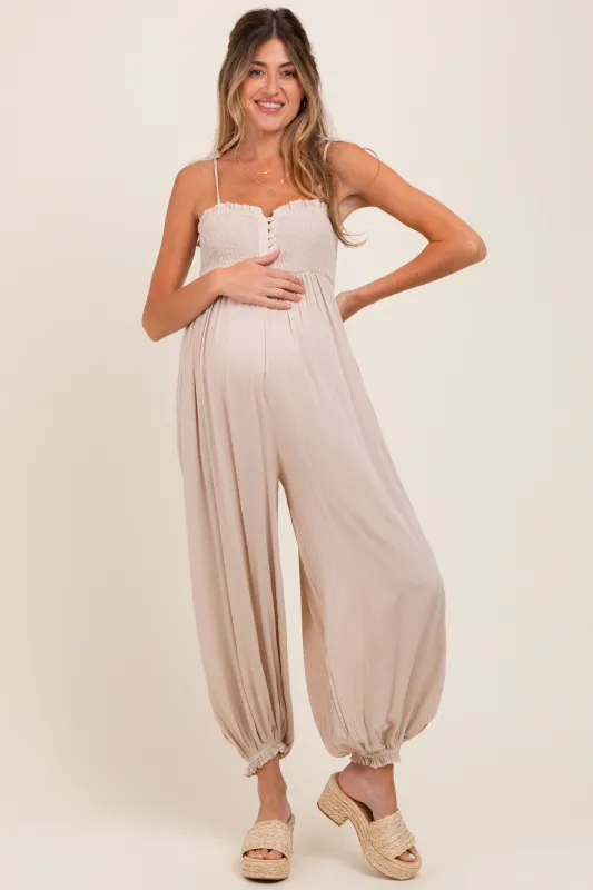 Beige Smocked Button Front Shoulder Tie Maternity Jumpsuit sold by Pinkblush