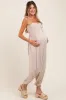 Beige Smocked Button Front Shoulder Tie Maternity Jumpsuit sold by Pinkblush